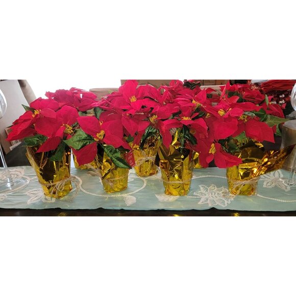 Ashland Christmas Poinsettia In Pot Red Velvet Décor 10" Gold Wrap Indoor Use On - Picture 2 of 4